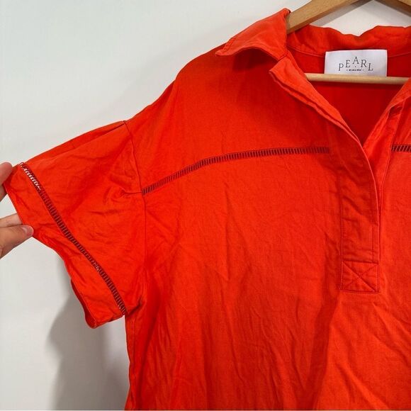 Pearl By Lela Rose Collared Tunic Shift Dress Tencel Linen Size Large Orange - Picture 4 of 9
